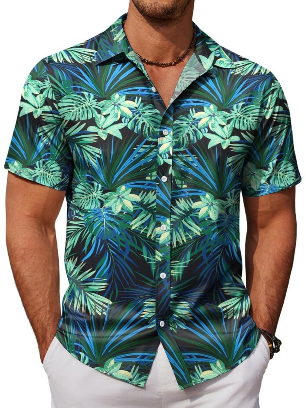 Men Multicolour Palm Leaves Hawaiian Short Sleeve Beach Casual Button Down Shirt